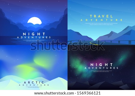 Vector abstract background set. Minimalist style. Flat concept. 4 landscapes collection. Clouds by the water, road between mountains, aurora in the Arctic, night boreal. Website template. UI design. 