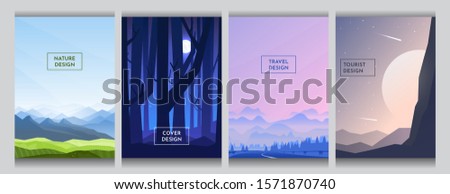 Green meadow and blue mountains, moon light behind night forest trees, gradient wavy hill near road, abstract  huge sunset at minimalist style. Flat backgrounds set. Cover template design. Page layout