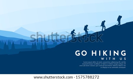 Vector blue background. Travel concept of discovering, exploring and observing nature. Hiking. Adventure tourism. Flat design template of gift card, web banner, invitation, poster, website. Landscape