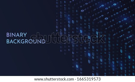 Abstract vector background. Binary code in isometric style with light effects. Eps 10. Minimalist dark wallpapers with copy space for text. 1 and 0 numbers stream with light effect. Big data concept 