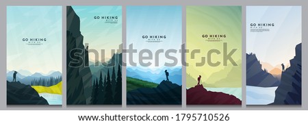 Vector illustration. Travel concept of discovering, exploring and observing nature. Hiking. Adventure tourism. Minimalist graphic flyers. Polygonal flat design for coupon, voucher, gift card