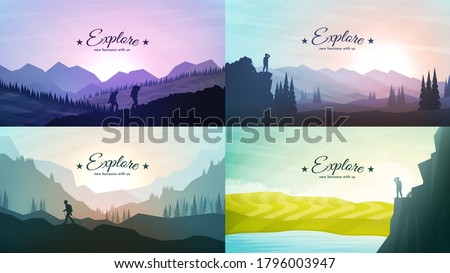 Vector landscapes set. Travel concept of discovering, exploring and observing nature. Hiking. Adventure tourism. The guy watches nature, climbing to the top, friends going hike