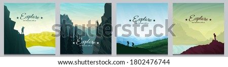 Vector brochure cards set. Travel concept of discovering, exploring and observing nature. Hiking. Climbing. Adventure tourism. Flat design for social media, blog post, poster, invitation, gift card.