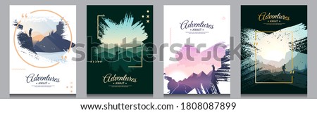 Vector brochure cards set. Travel concept of discovering, exploring and observing nature. Paint ink brush overlay. Flat design template of flyer, magazine, book cover, banner, invitation, poster.