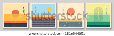 Vector illustration. Bauhaus. Mid century modern graphic. 70s retro funky graphic. Grunge texture. Minimalist landscape set. Abstract shapes. Design elements for social media, blog post, banner, card