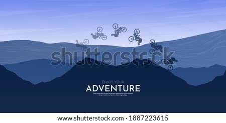 Travel concept of discovering, exploring and observing nature. Mountain bike. Cycling. Adventure tourism. Minimalist vector flat illustration. Sunset scene. Blue background. Freestyle biker