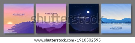 Vector illustration. Minimalist backgrounds. Flat concept. 4 landscapes collection. Mountain view, forest trees, night scene, water and rocks. Design for banner, blog post, social media template