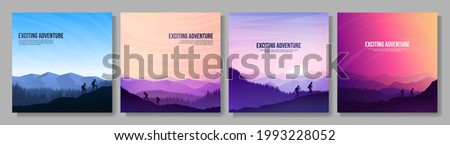 Vector landscapes set. Travel concept of discovering, exploring and observing nature. Hiking. Adventure tourism. People climbing to the top and going hike. Design elements for social media, card.