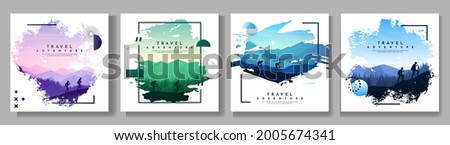 Vector illustration. Travel concept of discovering, exploring and observing nature. Hiking, climbing. Adventure tourism. Flat design template of social media, blog post, poster, invitation, gift card