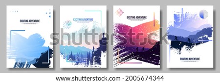 Vector illustration. Travel concept of discovering, exploring and observing nature. Hiking. Climbing. Adventure tourism. Flat design elements brochure, magazine, book cover, invitation, poster, card