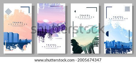 Vector illustration. Travel concept of discovering, exploring and observing nature. Couple hikes, climbs on rock, rides on bike. Adventure tourism. Flat design template of flyer, coupon, voucher, card