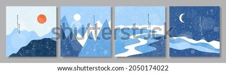 Vector hand drawn illustration. Abstract flat minimalist design landscape set. Winter cold snowy season. Japanese line pattern. Vintage nature graphic. Day, night scene. Clear sky. Mountains, forest