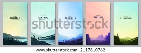 Vector illustration. Travel concept of discovering, exploring and observing nature. People hike, climb, bike. Adventure tourism. Flat design background for flyer, voucher, coupon, leaflet, gift card.