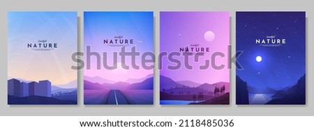 Vector illustration. Flat landscape collection. City near forest, road between mountains, evening woods, night scene. Design background for poster, magazine, book cover, banner, invitation, brochure.