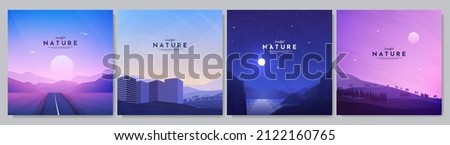 Vector illustration. Flat background set. Minimalist style. Geometric polygonal design landscape. Evening highway, city building, night scene, forest. Design for web banner, social media template