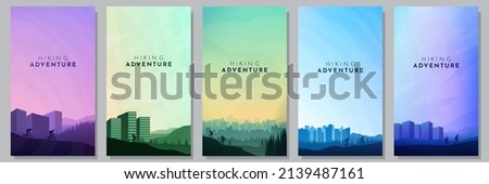 Vector illustration. Travel concept of discovering, exploring and observing nature. Hiking around the city. Adventure tourism. Flat design template of flyer, coupon, voucher, gift card. Cityscape