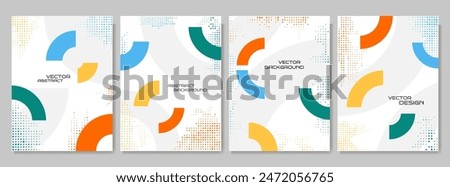 Vector illustration. Abstract vibrant color background set. Cool bright wallpapers with semi circle shapes and halftone dots. Design elements for book cover, brochure, magazine, flyer, booklet