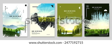 Vector brochure cards set. Travel concept of discovering, exploring and observing nature. Hiking. Adventure tourism. Design template of flyer, magazine, book cover, banner, invitation, poster, layout