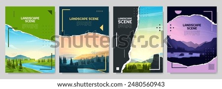 Vector brochure cards set of landscape. Nature scene of water lake by woodland, cliff by forest. Ripped paper effect. Flat design template of flyer, magazine, book cover, banner, invitation, poster.