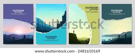 Vector illustration. Travel concept of discovering, exploring and observing nature. Hiking. Climbing. Adventure tourism. Flat design elements brochure, magazine, book cover, invitation, poster, flyer