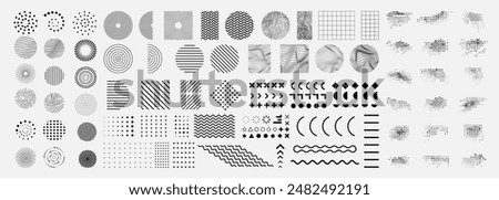 Vector illustration. Bundle of linear flat design elements for poster, book cover, frame, gift card, magazine. Simple minimalist line art wavy objects. Halftone dots, circle shapes, memphis pattern