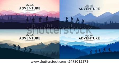 Vector illustration. Travel concept of discovering, exploring and observing nature. Group  of tourists have hiking trip. Travelers with backpack and travel walking sticks. Website template landscape