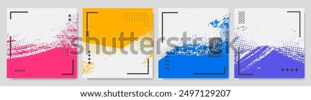 Vector illustration. Hand drawn abstract color frame set with geometric elements. Ink brush strokes mess with halftone dots. Design for social media template, cover, photography overlay, web banner.