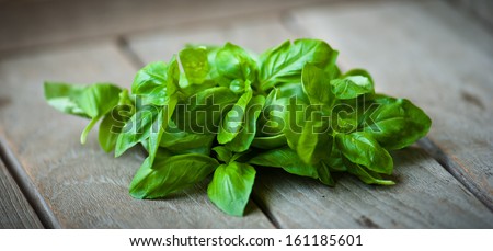 Basil leaves on a wooden table
