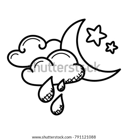 Night rain. A beautiful mix of clouds, rain, stars and the moon, doodle vector 
