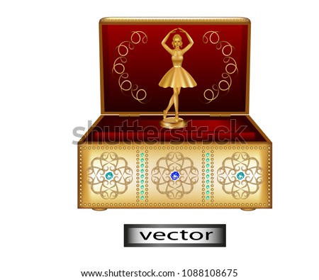 Vector illustration - Music box with red velvet upholstery classic gold with jewels And Golden figurine of a ballerina, a souvenir for interior decoration.