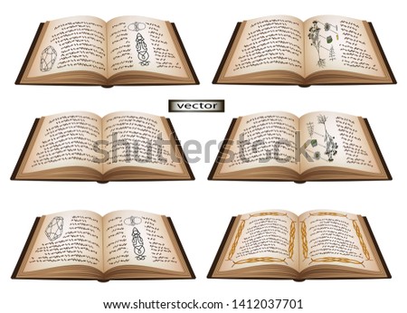 Vector illustration of an open book with text is impossible, like ancient fonts and illustrations in botany, a scientific treatise or a magical volume set of six inverted and straight variants in aged