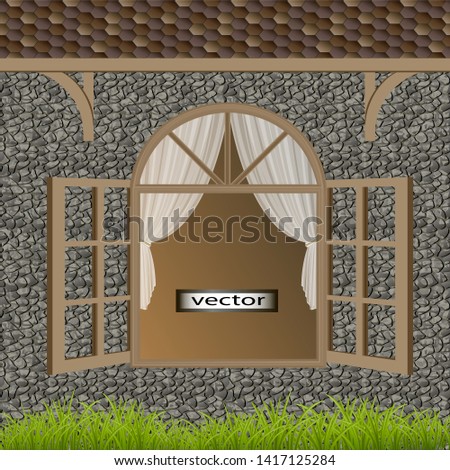Vector illustration of an open house window in ancient styles under a tiled roof house n green grass Foto stock © 