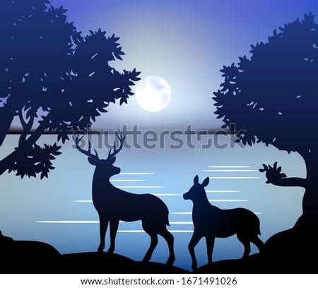 Vector illustration drawing at dusk silhouettes of swans birds swimming in the water near the shore