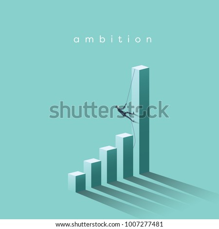 Ambition vector concept with businessman climbing on graph columns. Success, achievment, motivation business symbol. Eps10 vector illustration