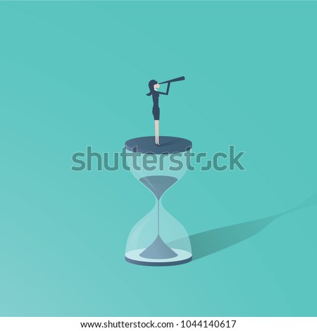 Time is up movement with woman standing on top of sand clock or hourglass with telescope. Symbol of future for women, vision. eps10 vector illustration.