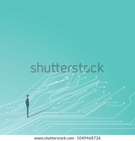 Businessman and printed circuit board lines running on the ground. Symbol of technology and business. Eps10 vector illustration.