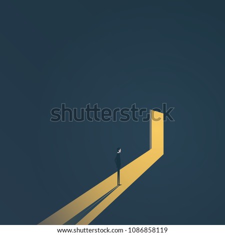 Business finding solution vector concept with businessman standing in dark, light coming out of the door. Symbol of hope, light at the end of the tunnel. Eps10 vector illustration.