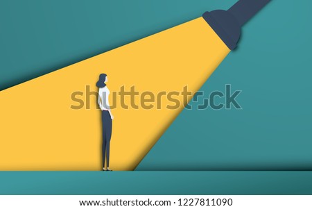 Business recruitment and talent headhunting vector concept in modern 3d paper cutout style. Businesswoman in spotlight. Symbol of hiring, employee search, vacancy. Eps10 vector illustration.