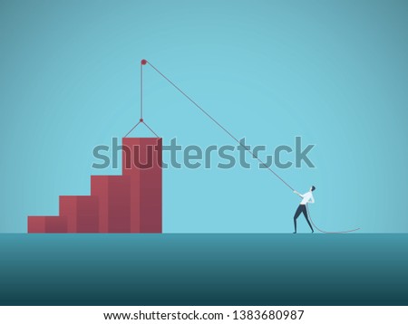 Business growth objective vector concept with businessman pulling graph up on pulley. Symbol of success, achievement, challenge, strategy, goals, targets and leadership. Eps10 illustration.