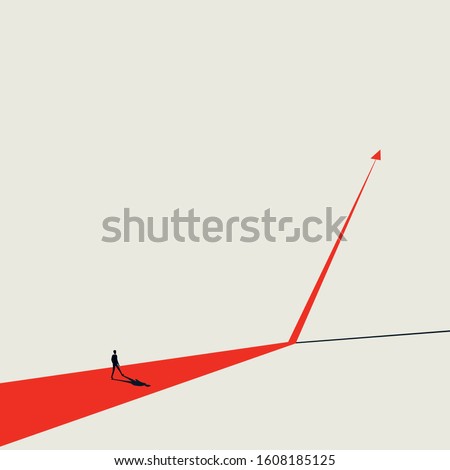 Business growth plan or strategy vector concept with upward arrow and businessman. Symbol of success and ambition. Motivated manager, leader walking toward goal. Eps10 illustration.
