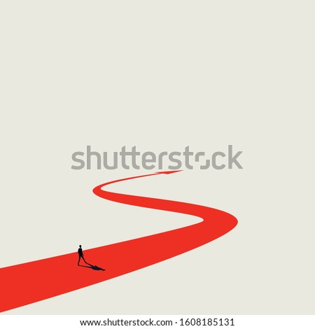 Business plan and strategy vector concept with winding arrow as challenge and businessman. Symbol of success, hard work, achievement and opportunity. Eps10 illustration.