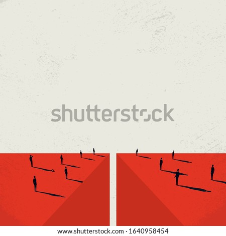 Divided society vector concept with crowds on opposite sides of abyss. Split in opinions and lifestyles in community. Symbol of modern politics of conflict and separation. Eps10 illustration.