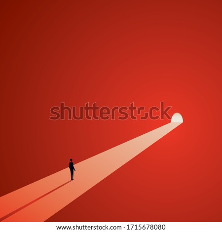 Light at the end of the tunnel vector concept. Symbol of dark times ending, hope on horizon, future success. Eps10 illustration.