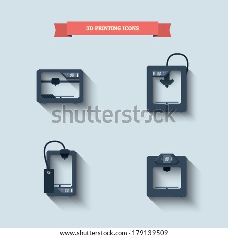 3d printer icons set with simple flat design suitable for infographics, presentations, user interface, etc. Eps10 vector illustration