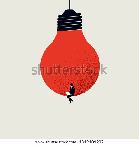Content creation, creative person vector concept. Man sitting in lighbulb with laptop. Symbol of creativity, writing, blogging, copywriting. Eps10 illustration.