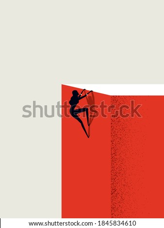 Business ambition and achievement for businesswoman vector concept. Woman climbs on top of cliff. Symbol of success, career, leadership. Eps10 illustration.