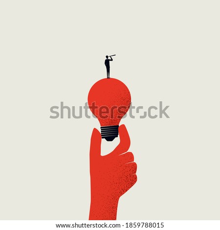 Business vision, creativity and new ideas vector illustration concept. Man standing on lightbulb with telescope. Symbol of brainstorming, future, planning. Eps10 illustration.