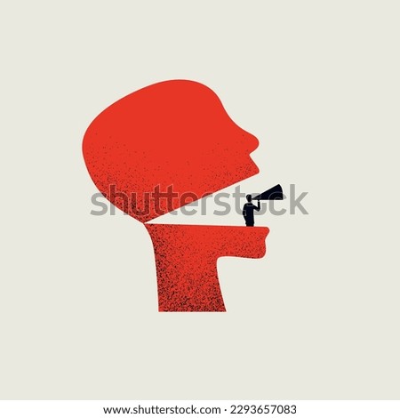 Vector illustration of a businessman with a megaphone inside a big head, symbolizing a powerful announcement. Eps10 minimal illustration design style.