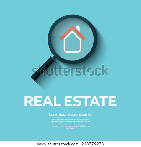 Real estate symbol of a house under magnifying glass. Suitable for posters, flyers or advertisement of real estate agents and location. Eps10 vector illustration