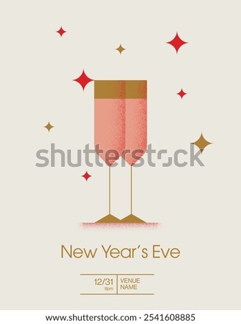 New Year's Eve party poster vector template layout. Seasonal festive event flyer with drinks illustration. Eps10 printable file.